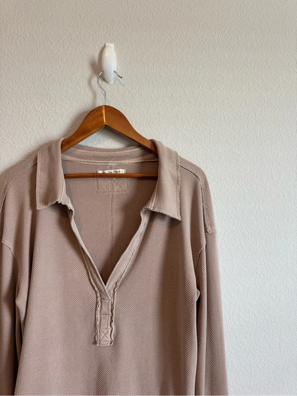 Free People Brown Tan Anakin Collared Thermal Polo Long Sleeve Top Size Large